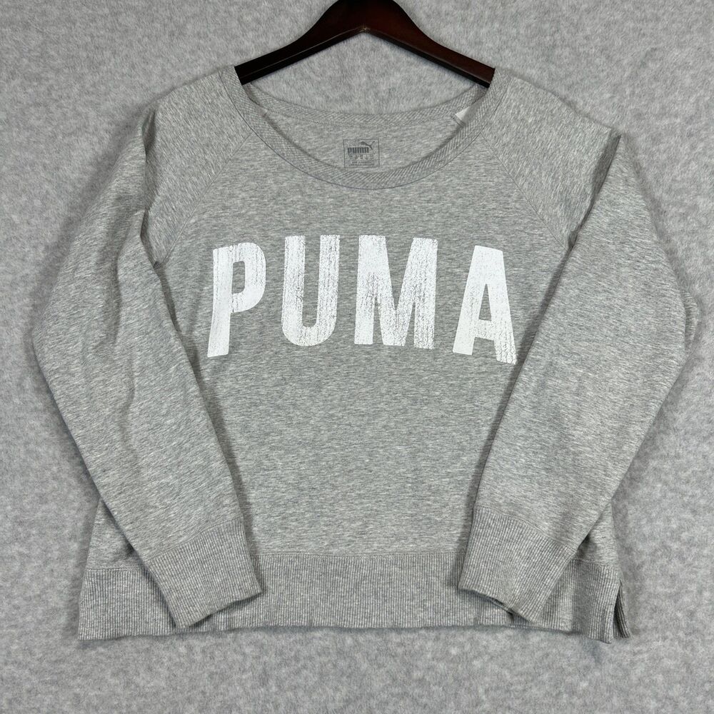 Puma Womens Long Sleeve Crewneck Sweatshirt Light Gray Logo 51425102 Large